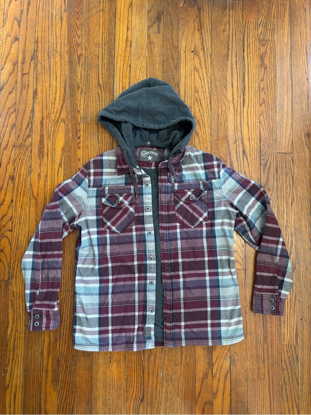 Converse Burgundy and Gray Plaid Button-Down Shirt with Hood